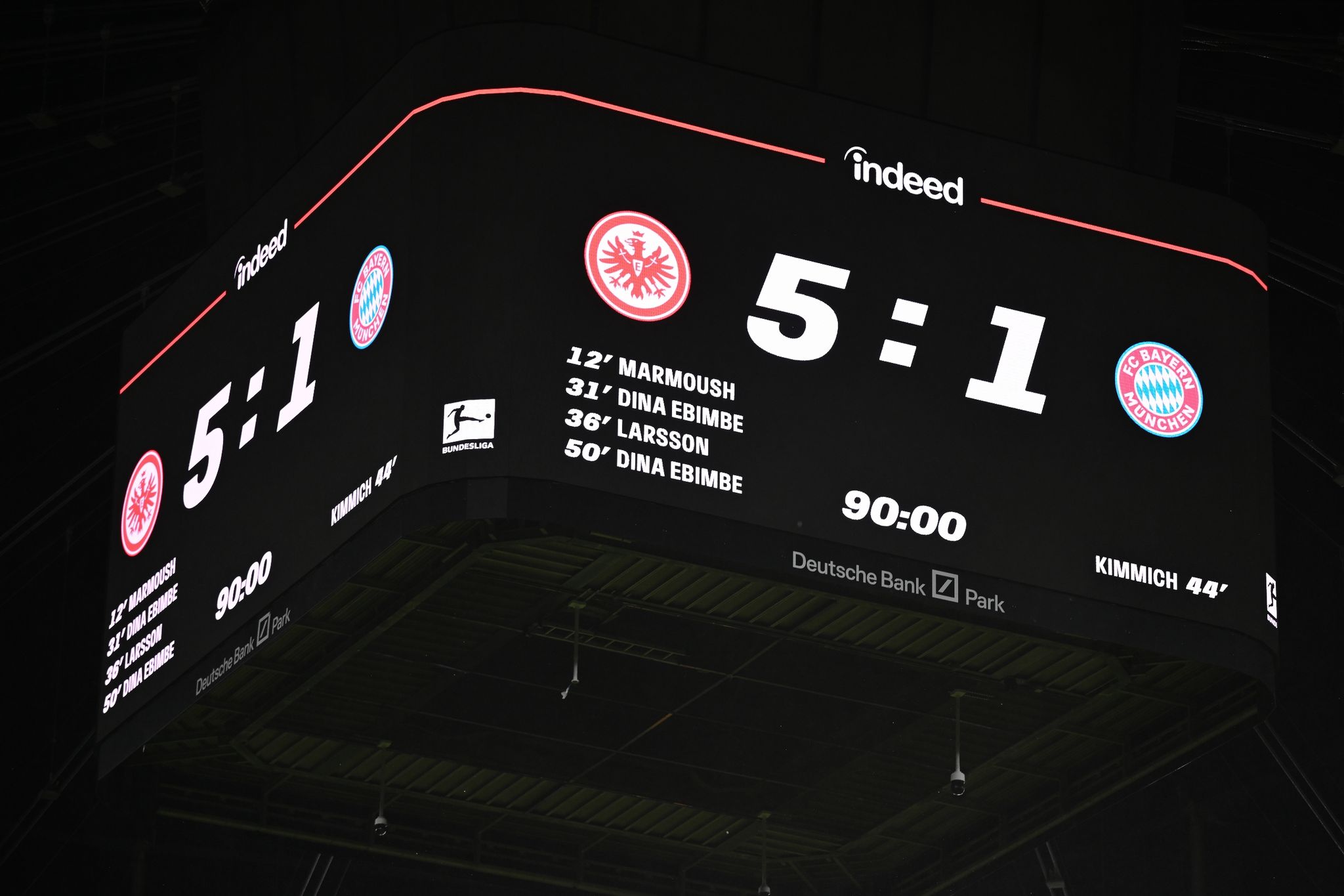 Die Anzeigetafel zeigt den Endstand des Bundesliga-Spiels zwischen Eintracht Frankfurt und dem FC Bayern München: Mit 5:1 schickten die Hessen den Rekordmeister zurück nach Hause.