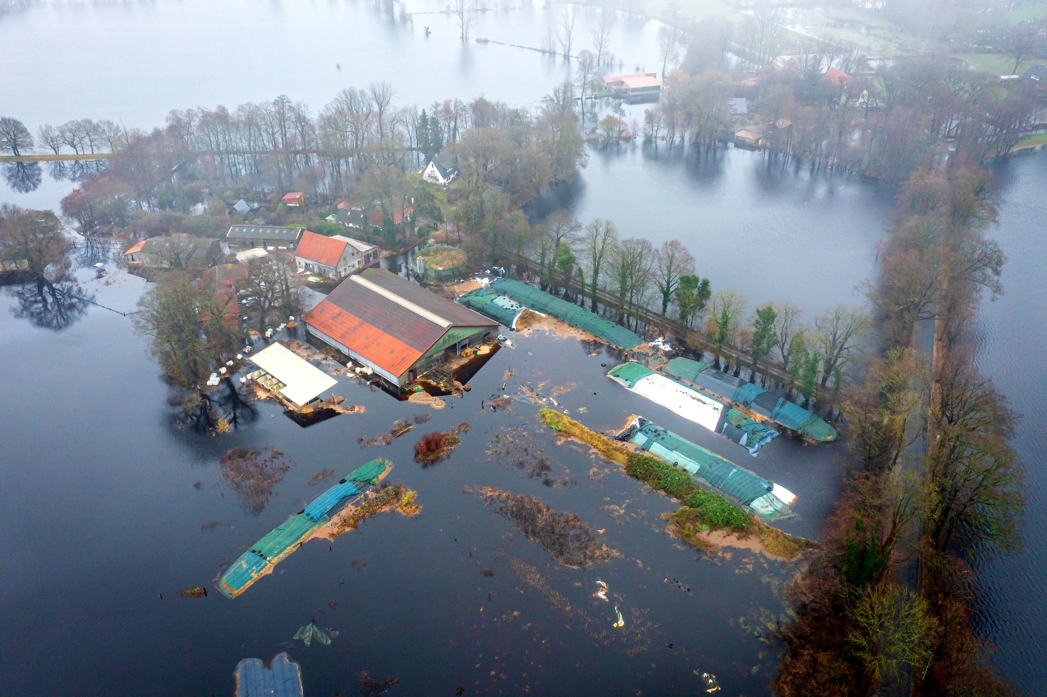 Nur noch die Dächer heraus: Ein Bauernhof in Bremen kämpft wie viele Orte in Deutschland derzeit weiter mit dem Hochwasser.