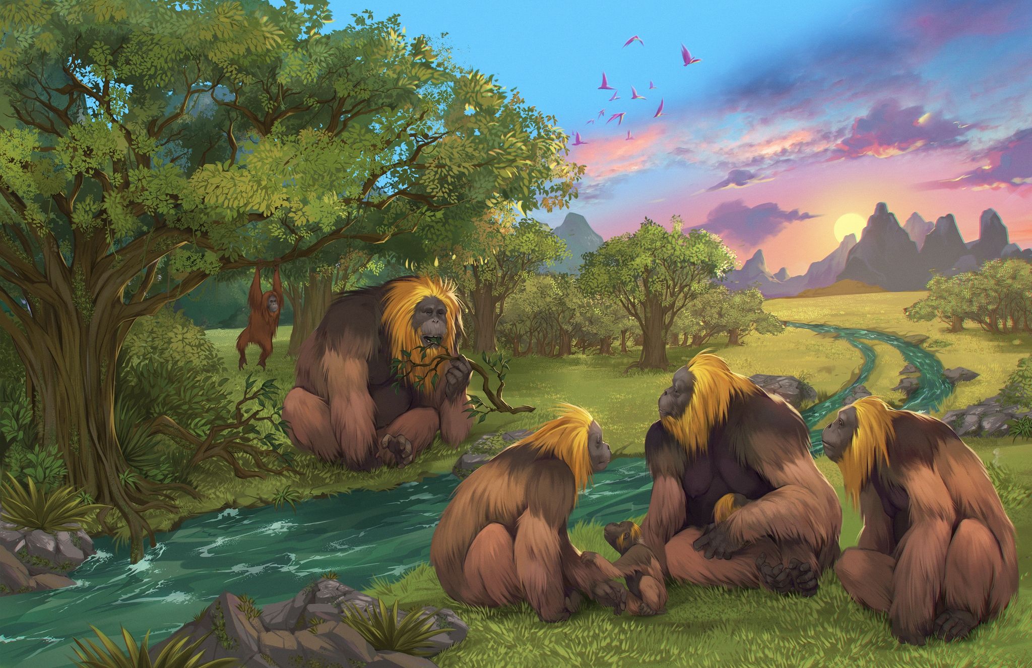 Künstlerische Darstellung einer Gruppe von Gigantopithecus blacki in einem Wald.