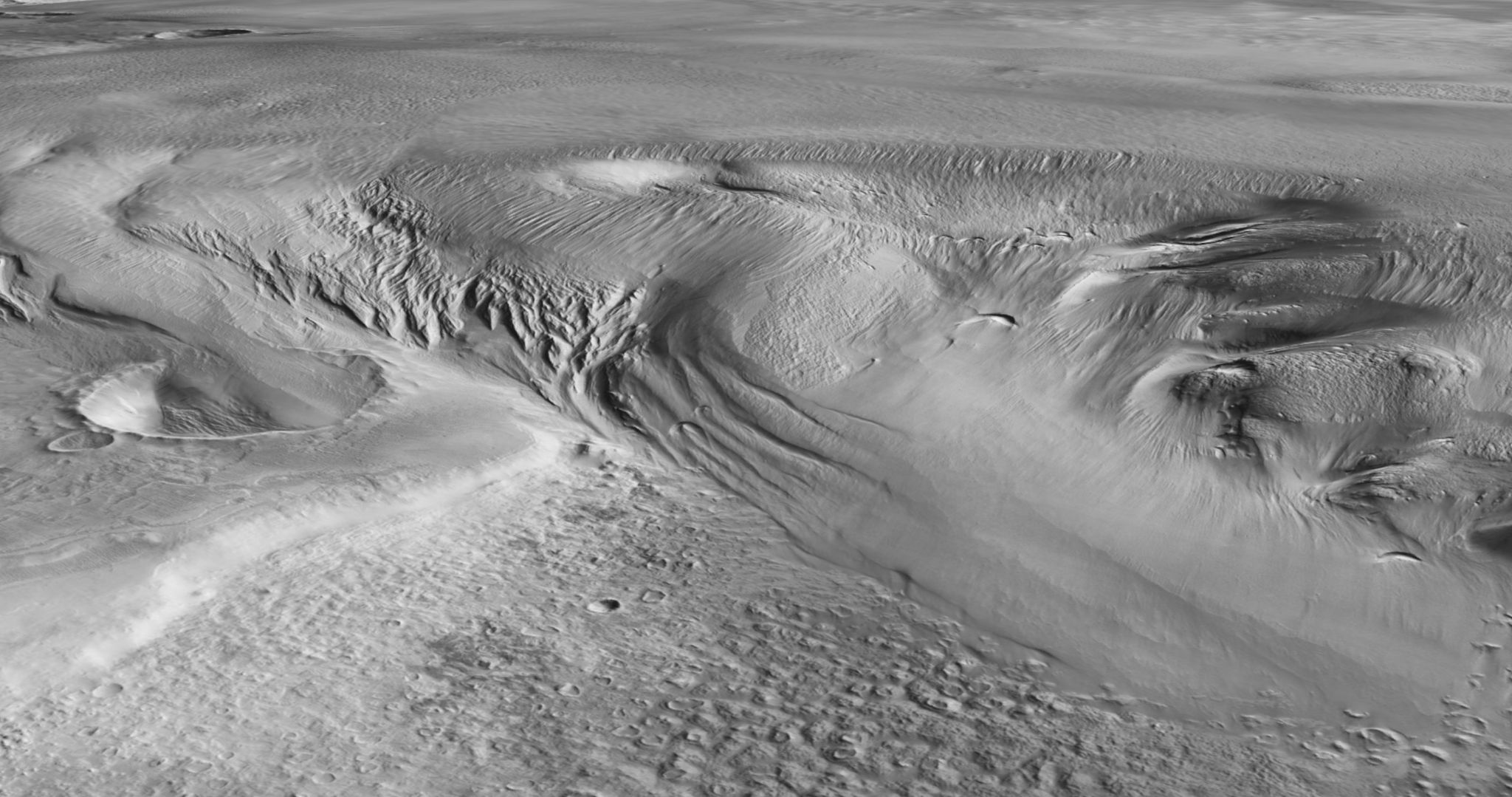 Das Bild zeigt die Mars-Region Eumenides Dorsum in der Formation Medusae Fossae, wo vermutlich die dickste eishaltige Ablagerung zu finden ist.