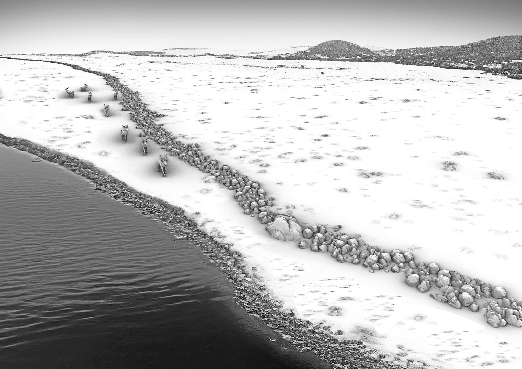 Dieses vom Leibniz-Institut für Ostseeforschung Warnemünde (IOW) zur Verfügung gestellte Foto zeigt eine grafische Rekonstruktion des Steinwalls als Treibjagdstruktur in einer spätglazialen/frühholozänen Landschaft.
